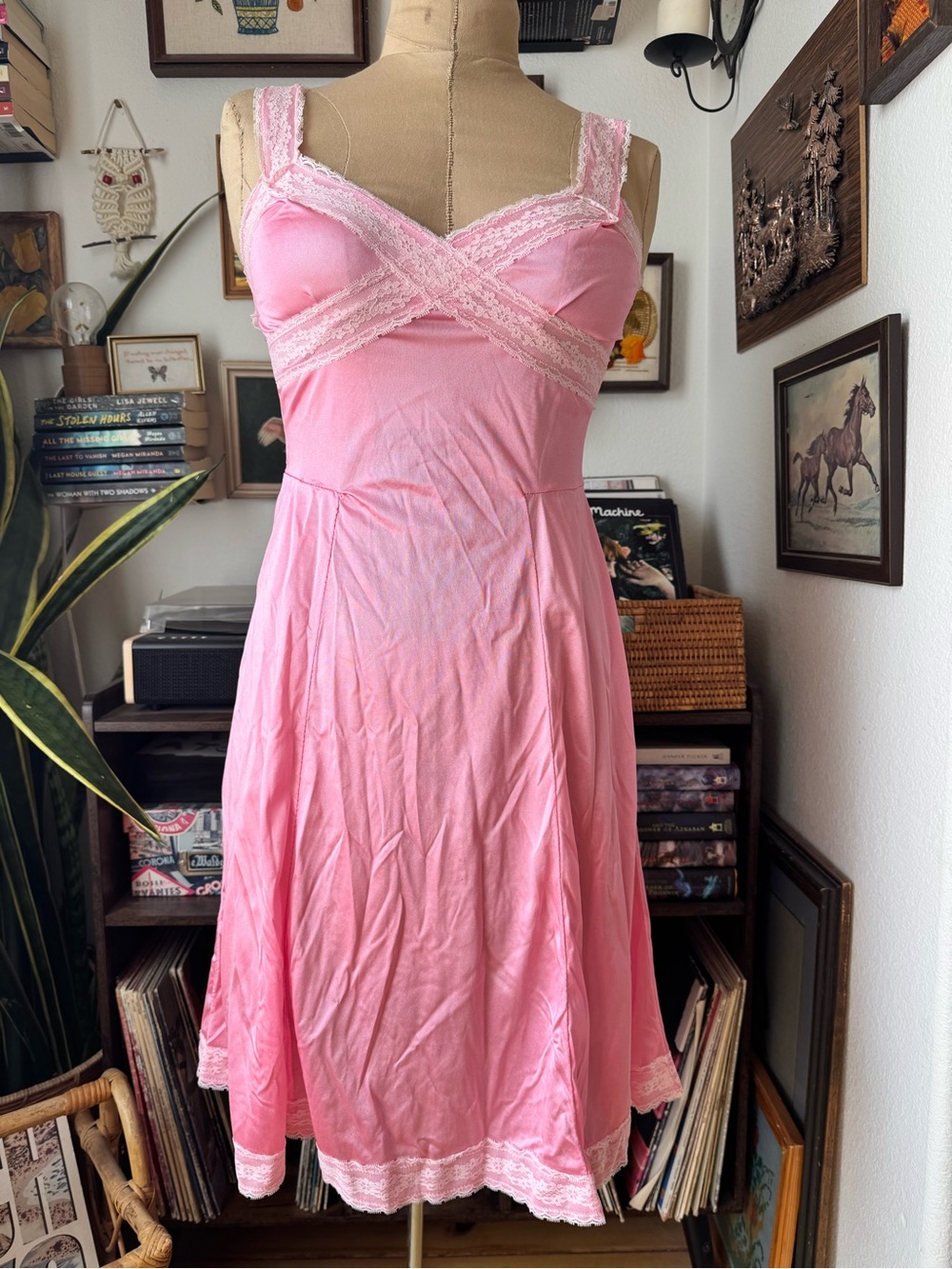 Vintage 60s Babydoll Slip Dress Lingerie Lace Nylon Pink Small